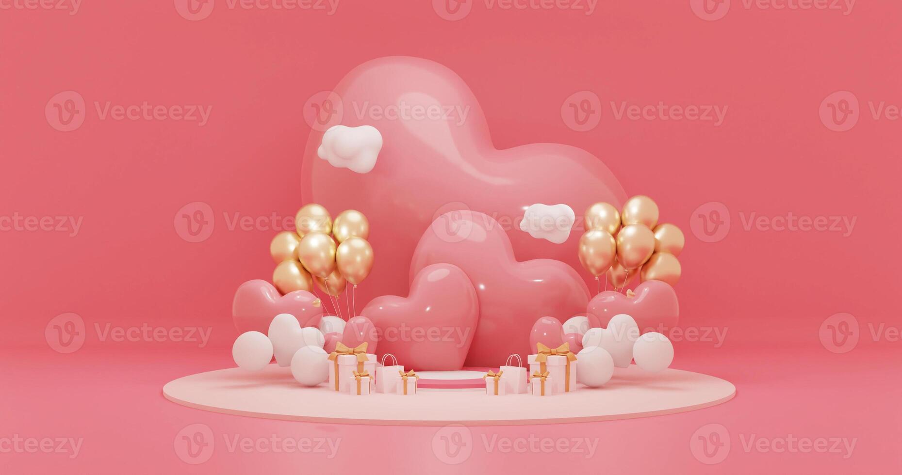 Happy Valentines Day with Round Podium, Heart Symbol, and Decorative Gift Boxes on Pink Background for Greeting Cards, Invitations, and Holiday Decorations 3D Illustration photo