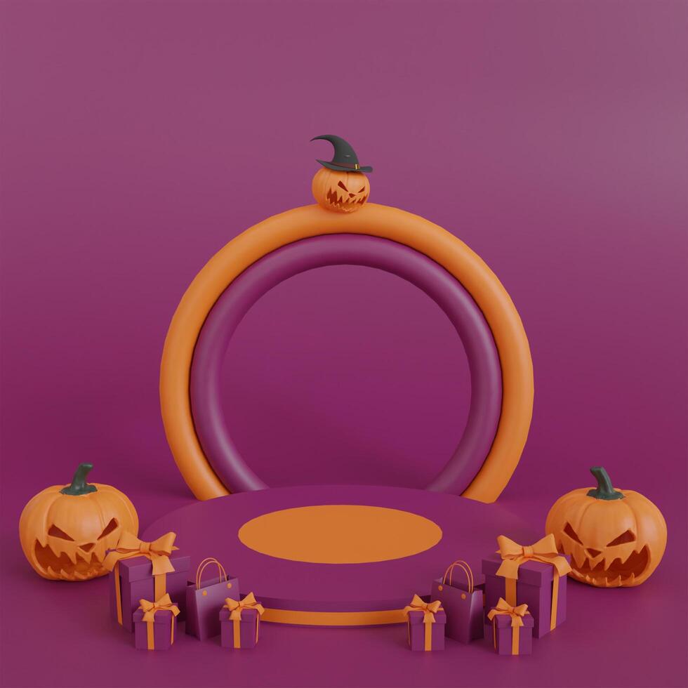 Halloween Product Display Stand Podium with Scary Pumpkins on Purple Background for Festive Banner Sale Promotion 3D Illustration photo