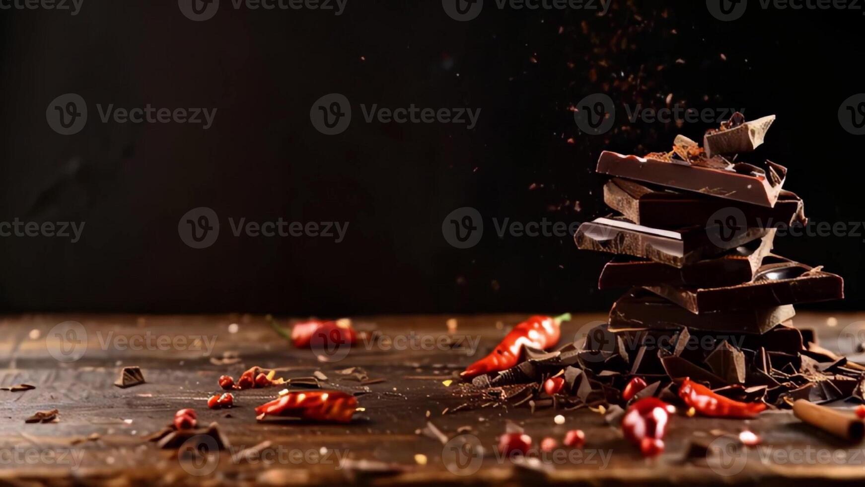 pieces of chocolate, cinnamon and pepper on a wooden table. Chocolate day and delicious dessert concept photo