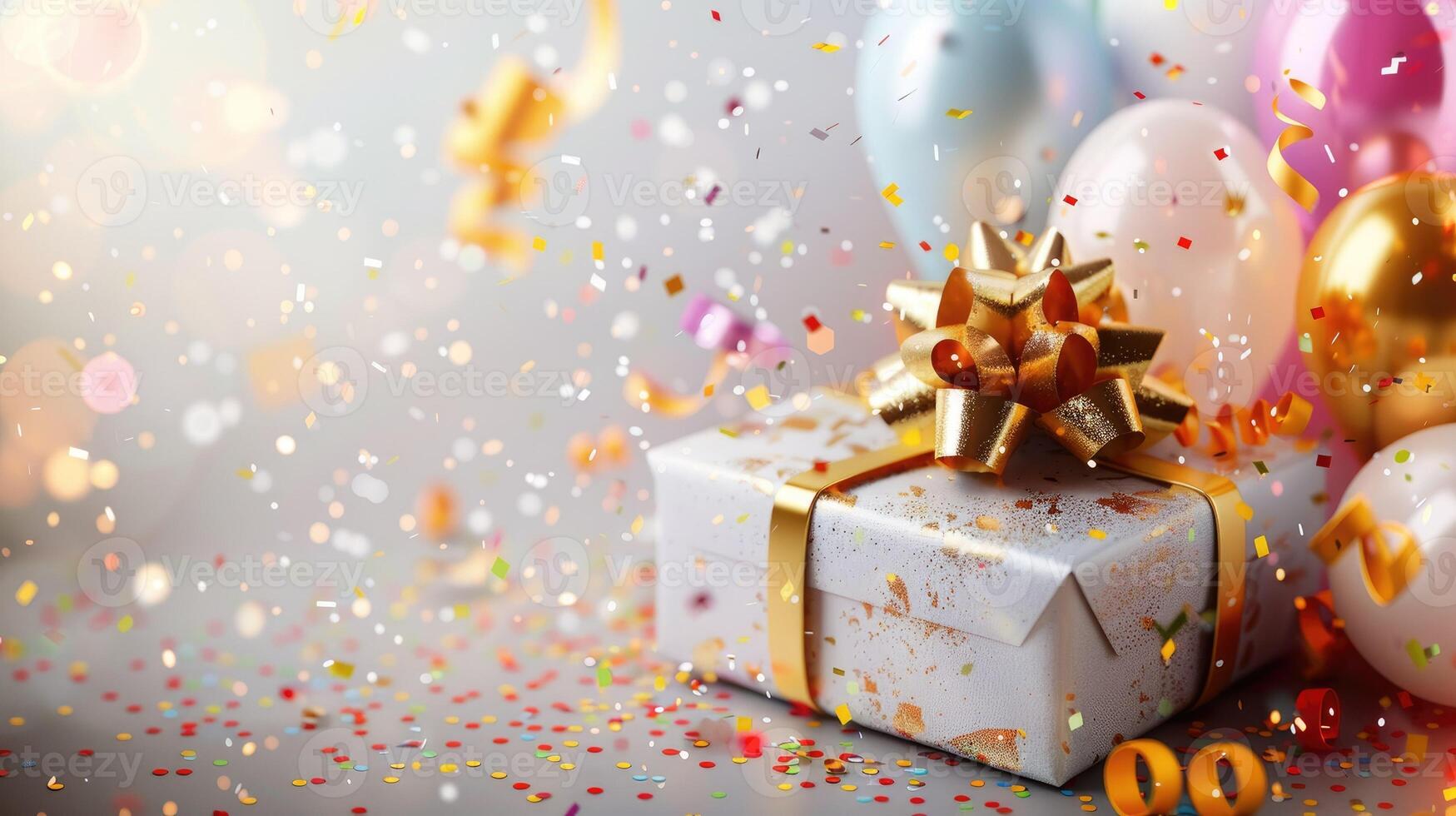 silver gift party box with gold ribbon bow on background with colorful balloons, confetti.party concept or birthday celebration, space for text. photo
