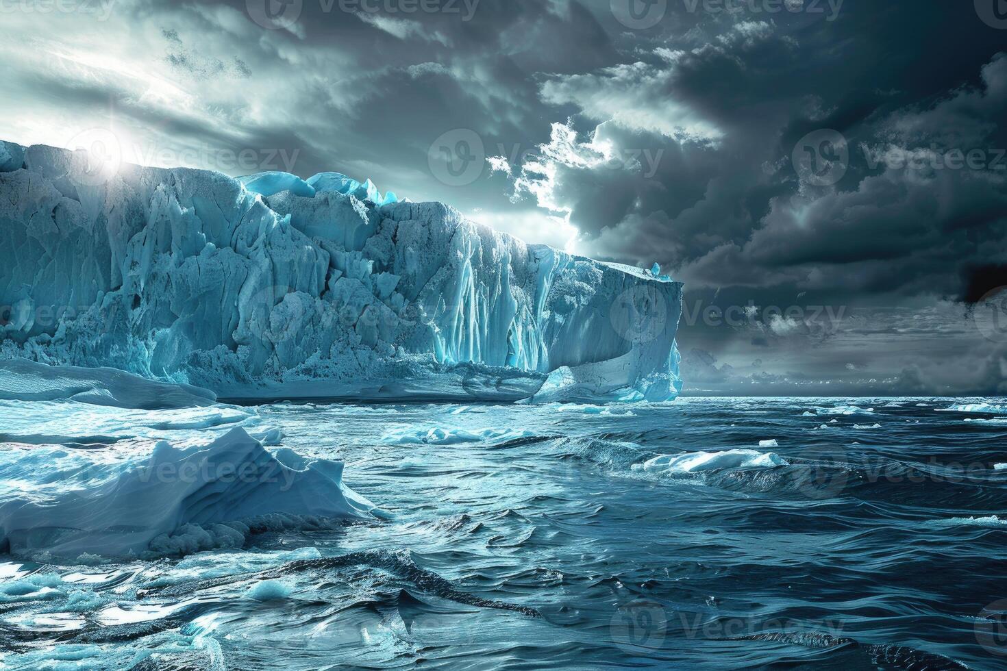 A lonely iceberg breaking off in the sea, global warming, an environmental disaster, melting glaciers. photo