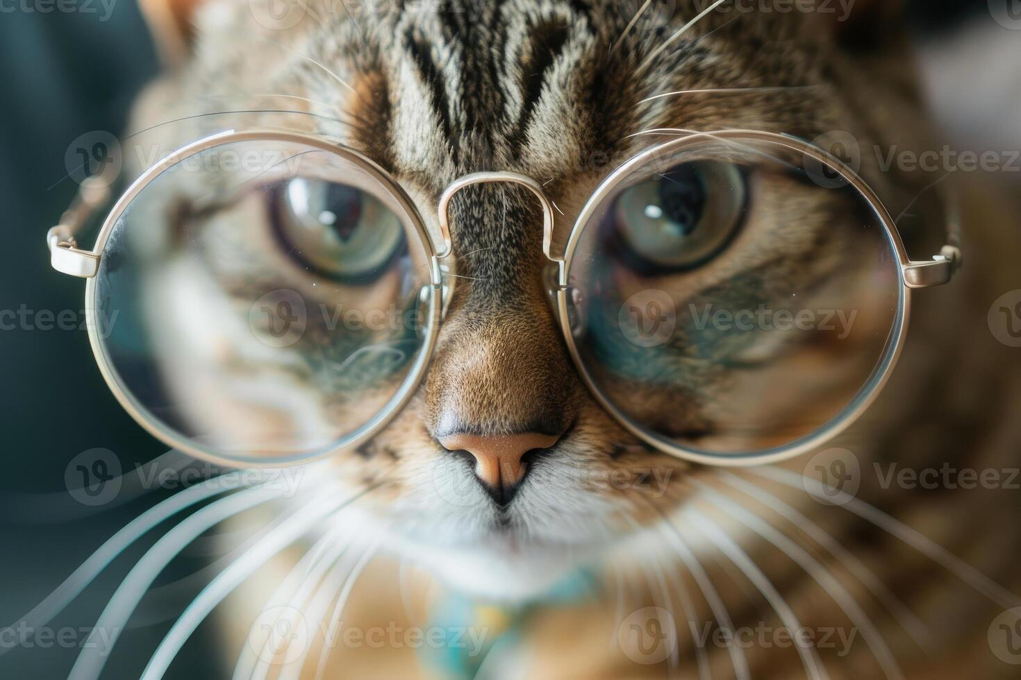 Close-up of the face of a cute cat in glasses, a stylish funny kitten, animals. photo