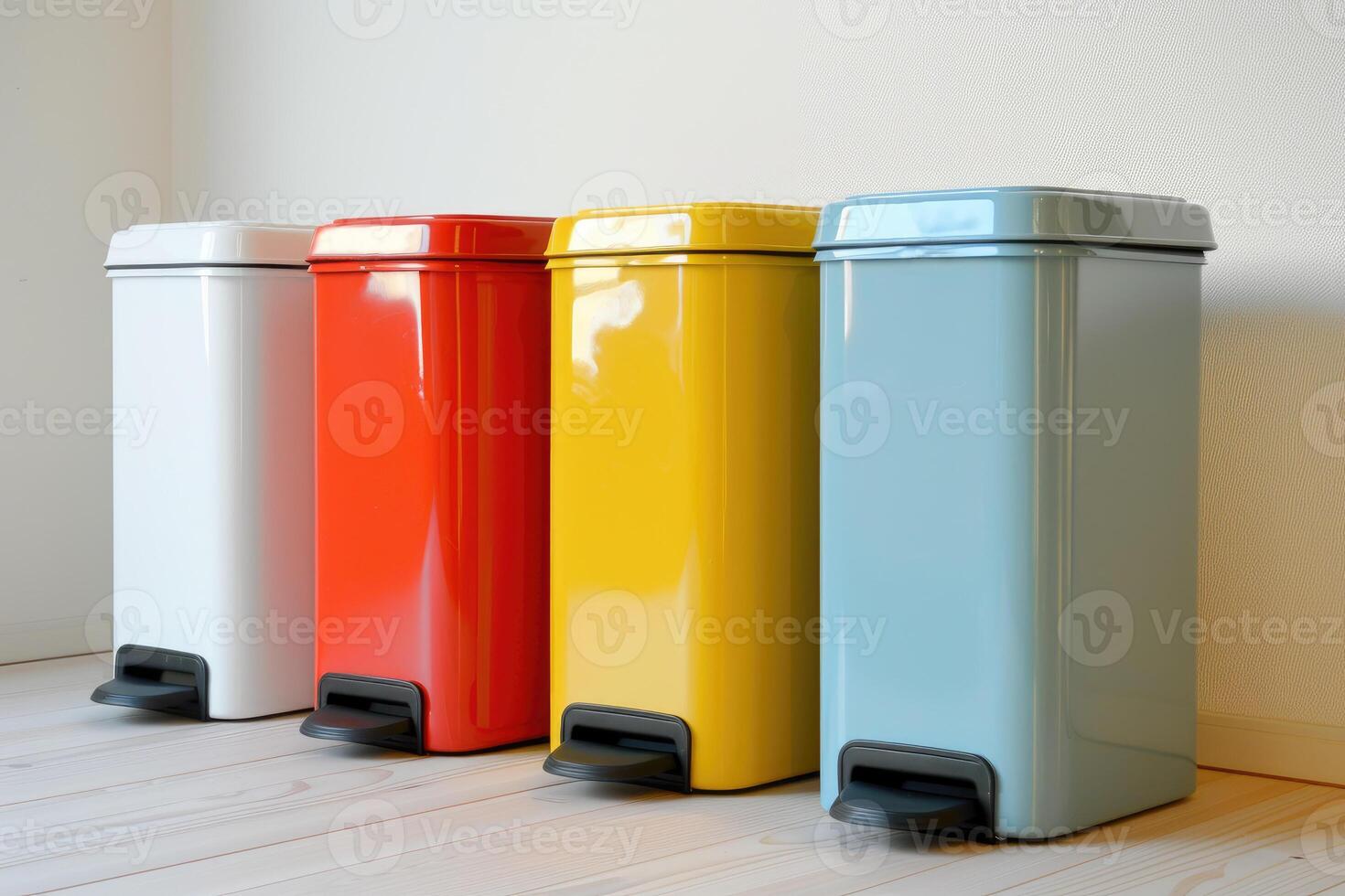 Multicolored garbage cans containers for separate garbage collection, recycling, nature and resource conservation, environmental problem. photo