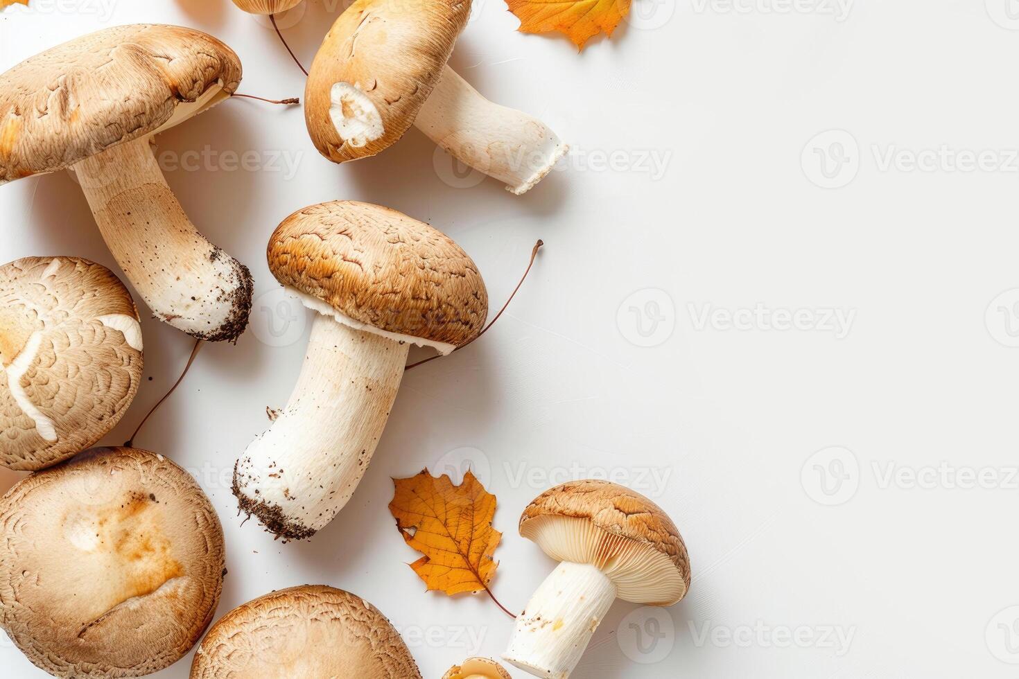 Autumn background of wild forest mushrooms and leaves, top view on white background. Decorative natural frame for various designs. photo