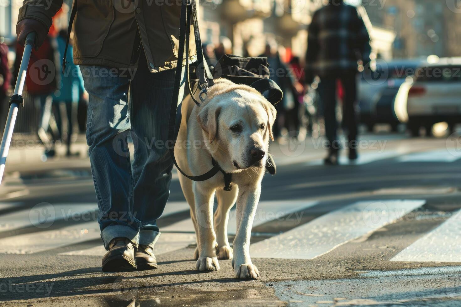 A guide dog moves an elderly man across the road. Animals and people, blind man, street walk, devoted trained dogs. photo