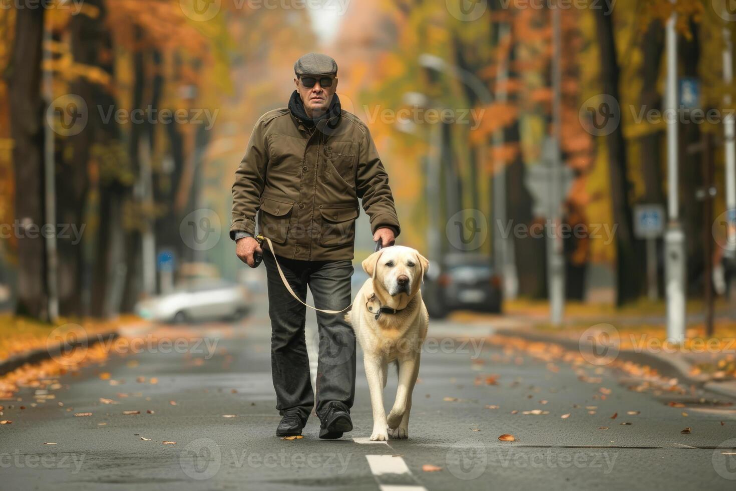 A guide dog moves an elderly man across the road. Animals and people, blind man, street walk, devoted trained dogs. photo