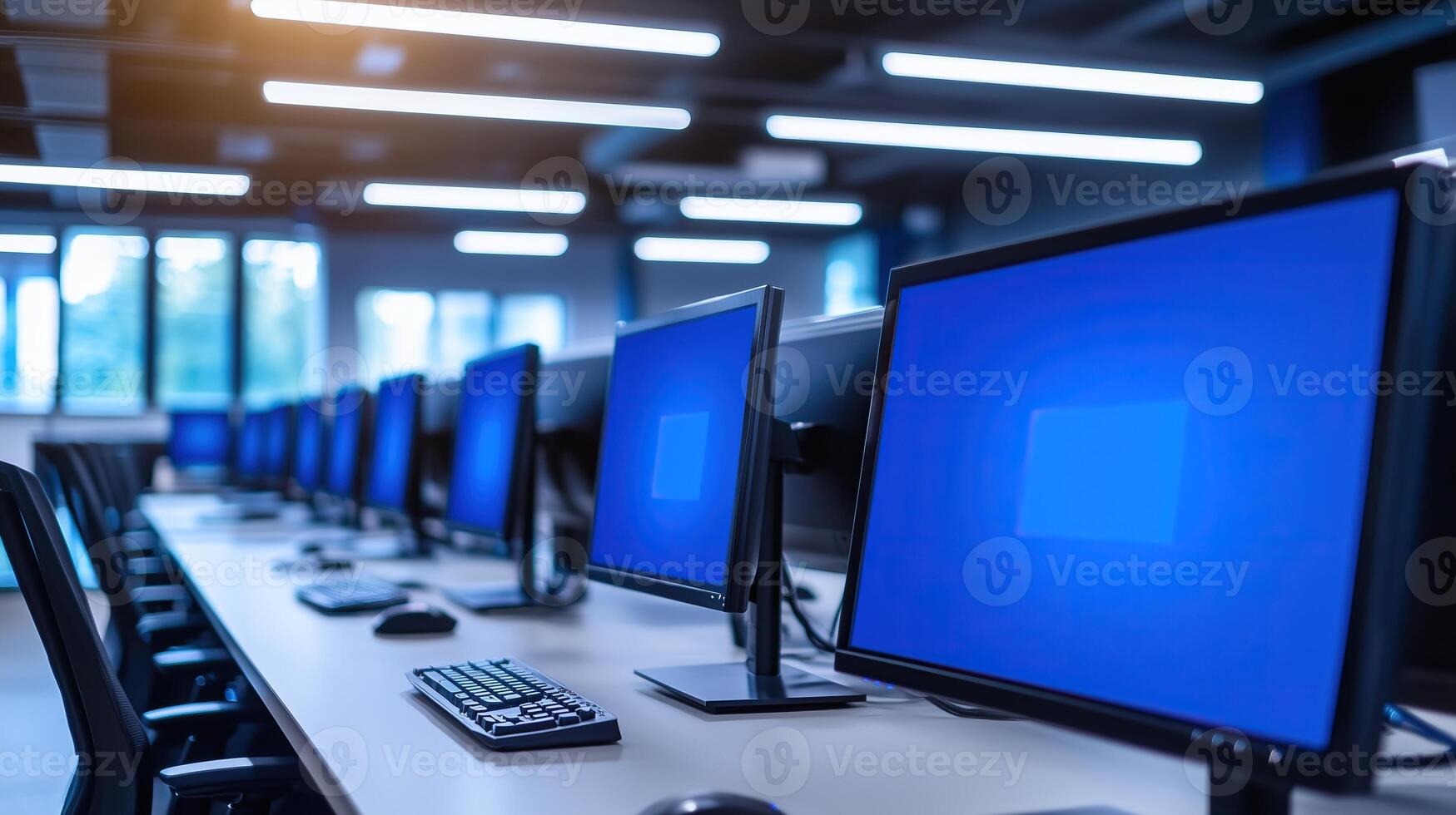 Row of office computers displaying blue screen photo