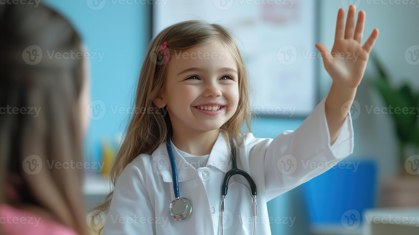 Smiling little girl dressed as a doctor giving a cheerful high five photo