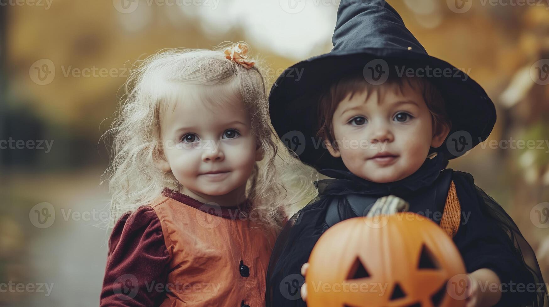 Little kids in costume celebrating halloween photo