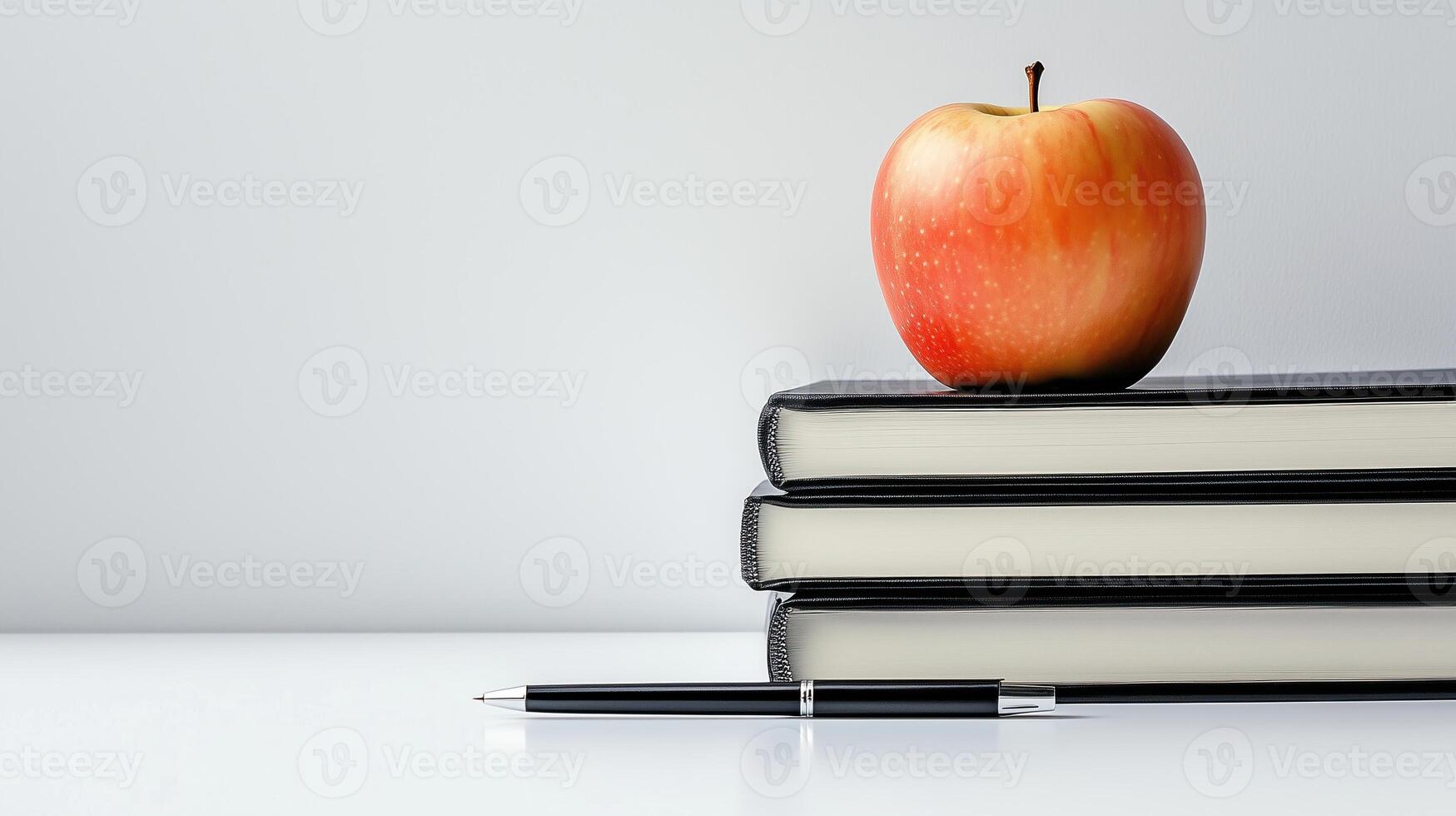 Apple and four books and a pen photo