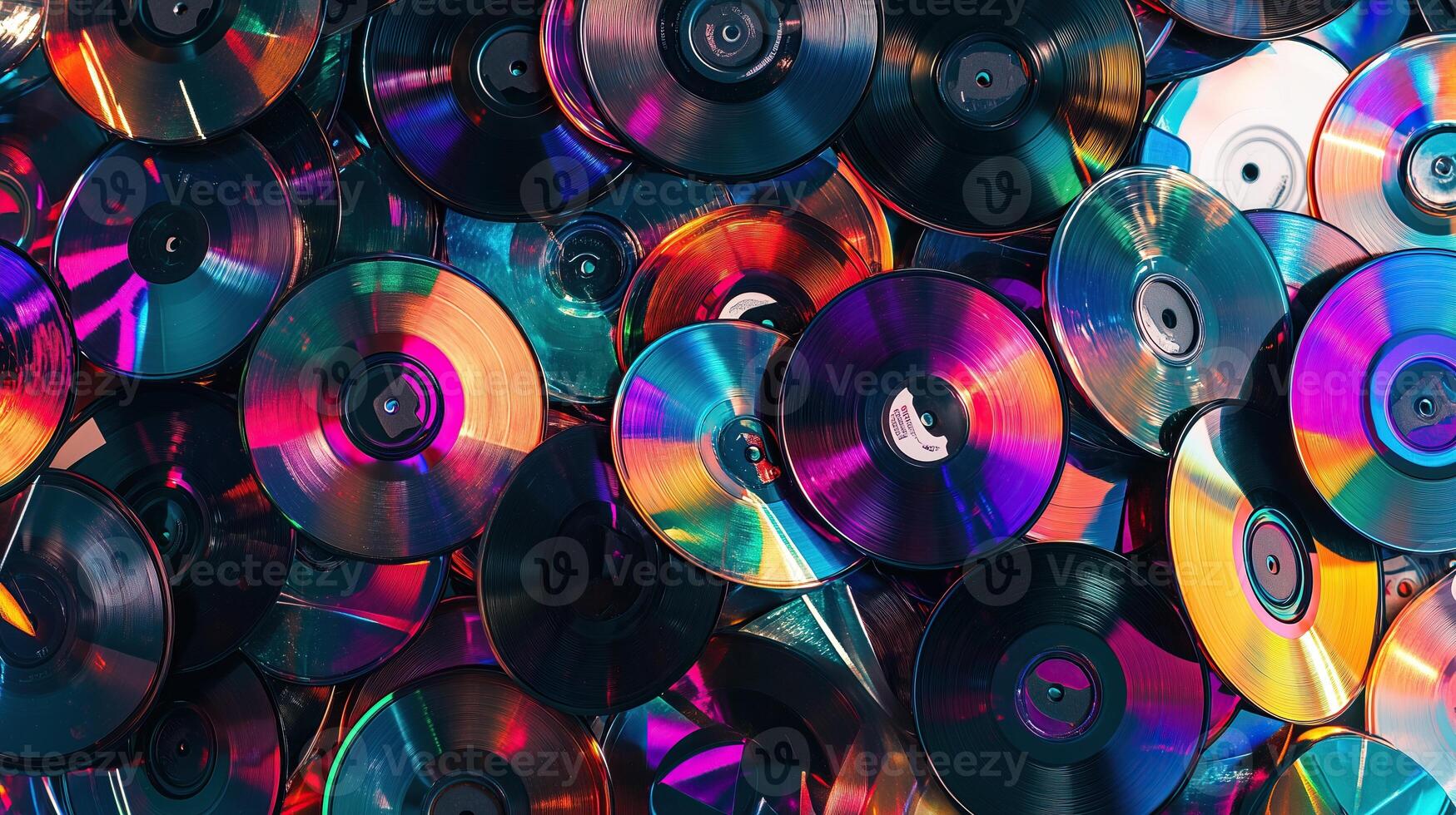 Colorful stack of CDs in a chaotic pile photo