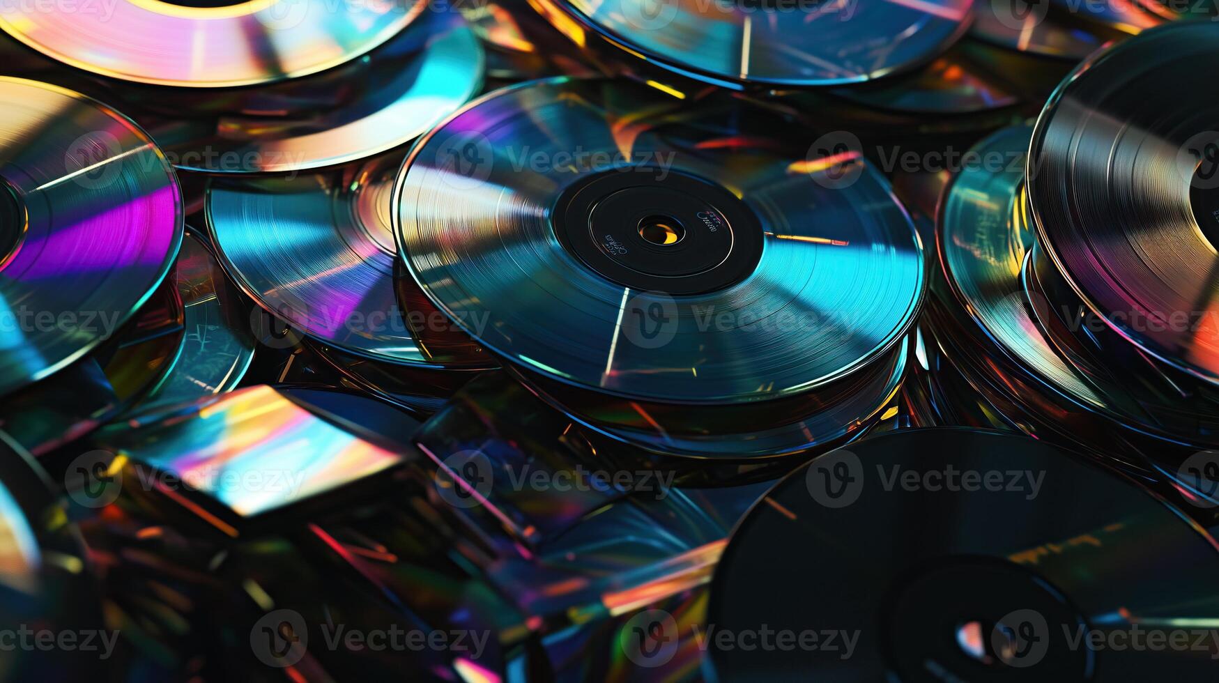 Colorful stack of CDs in a chaotic pile photo