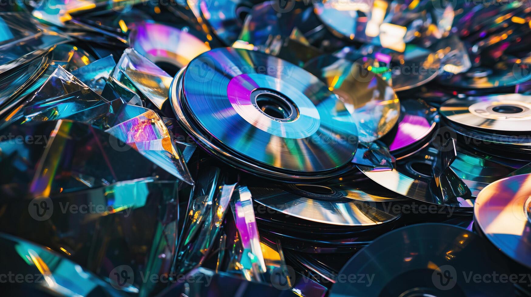 Colorful stack of CDs in a chaotic pile photo