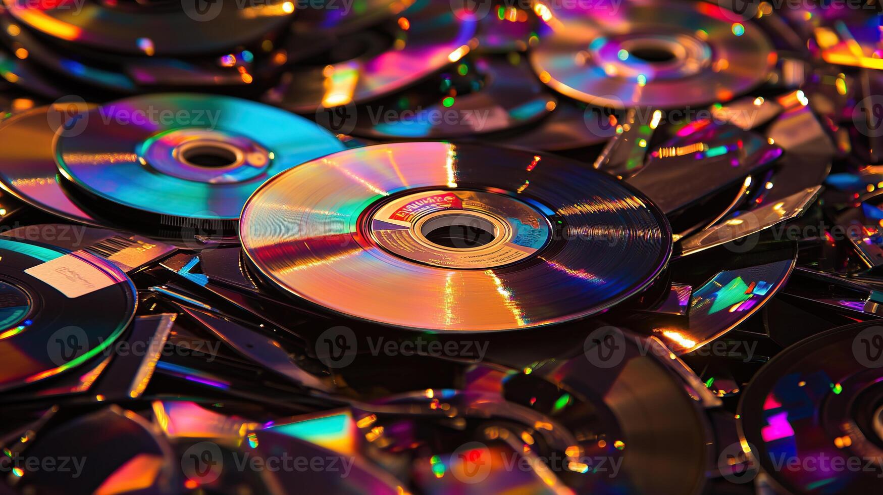 Colorful stack of CDs in a chaotic pile photo