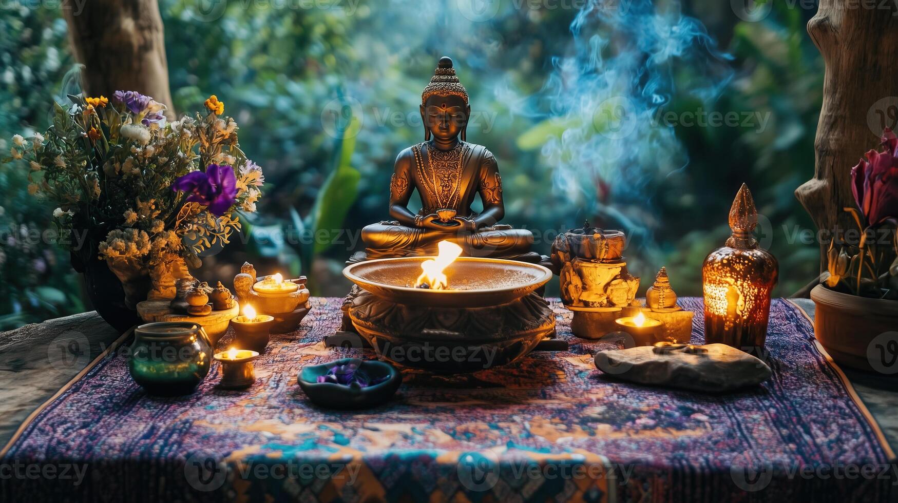 Beautiful esoteric and mystical altar for meditation photo