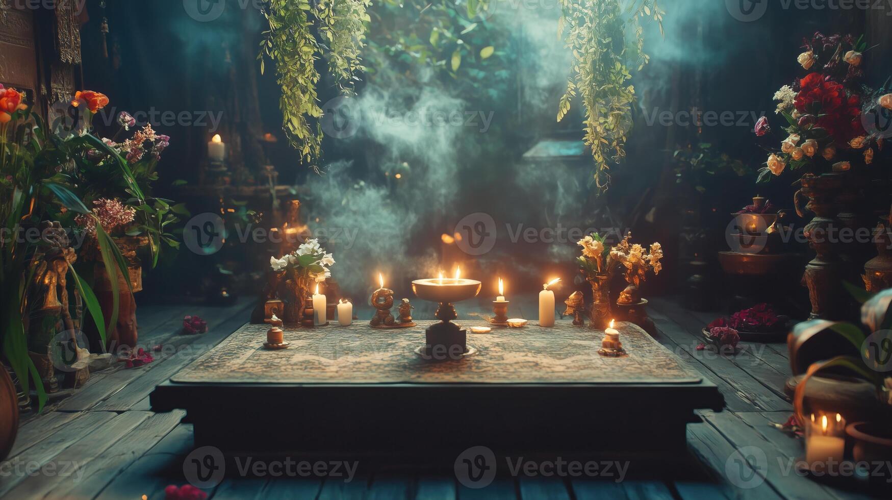 Beautiful esoteric and mystical altar for meditation photo