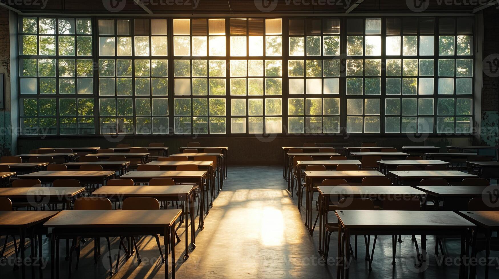 An empty classroom with rows of desks and chairs photo