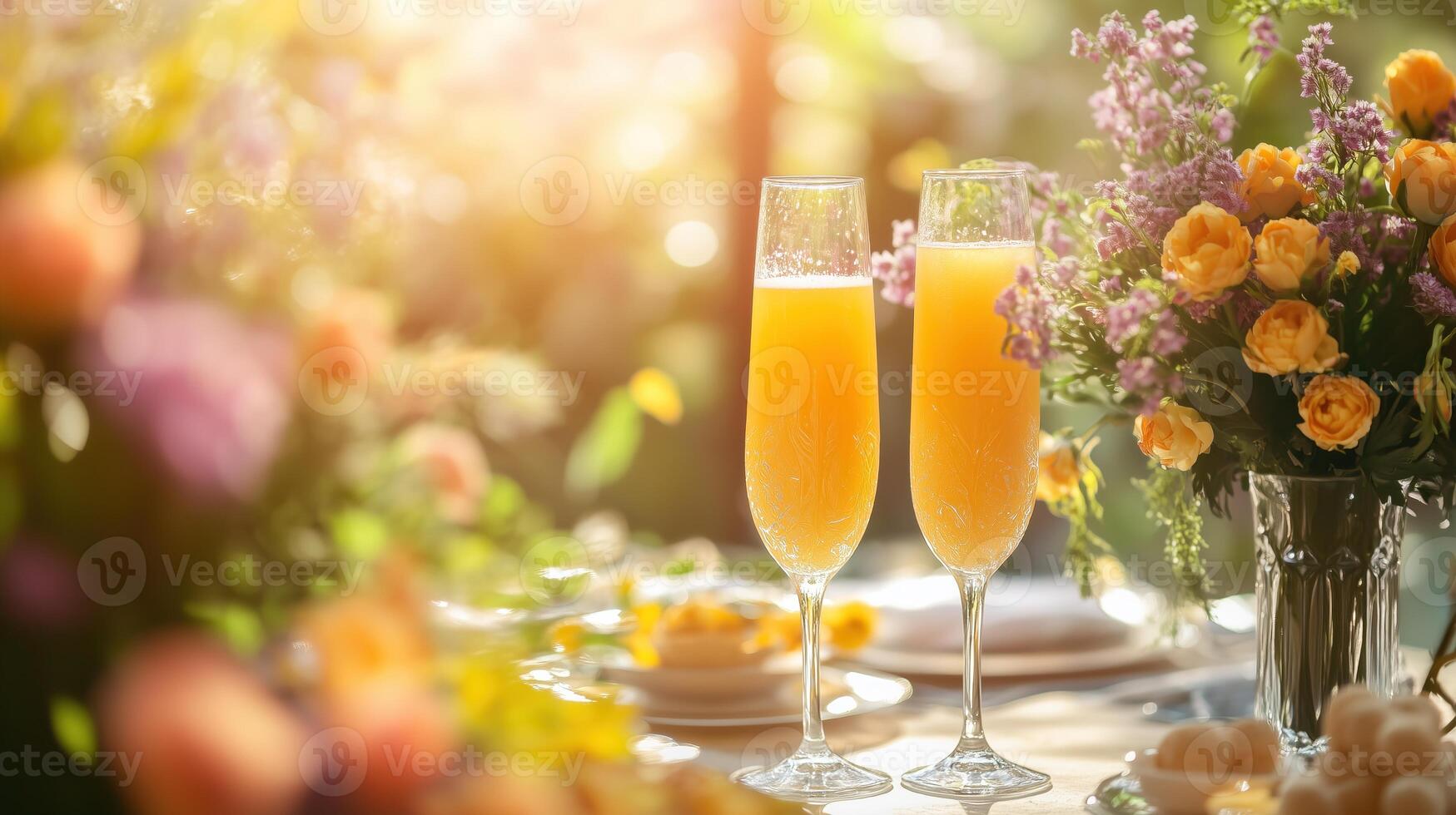 Springtime brunch mimosas table with flowers and decorations. photo