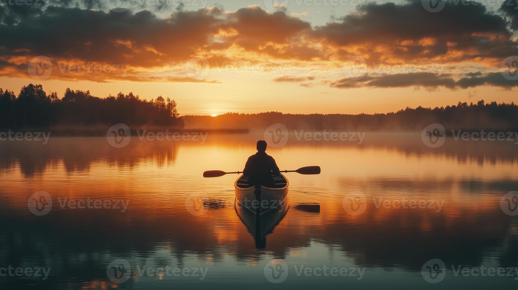 silhouette of a person in a boat at sunset. photo