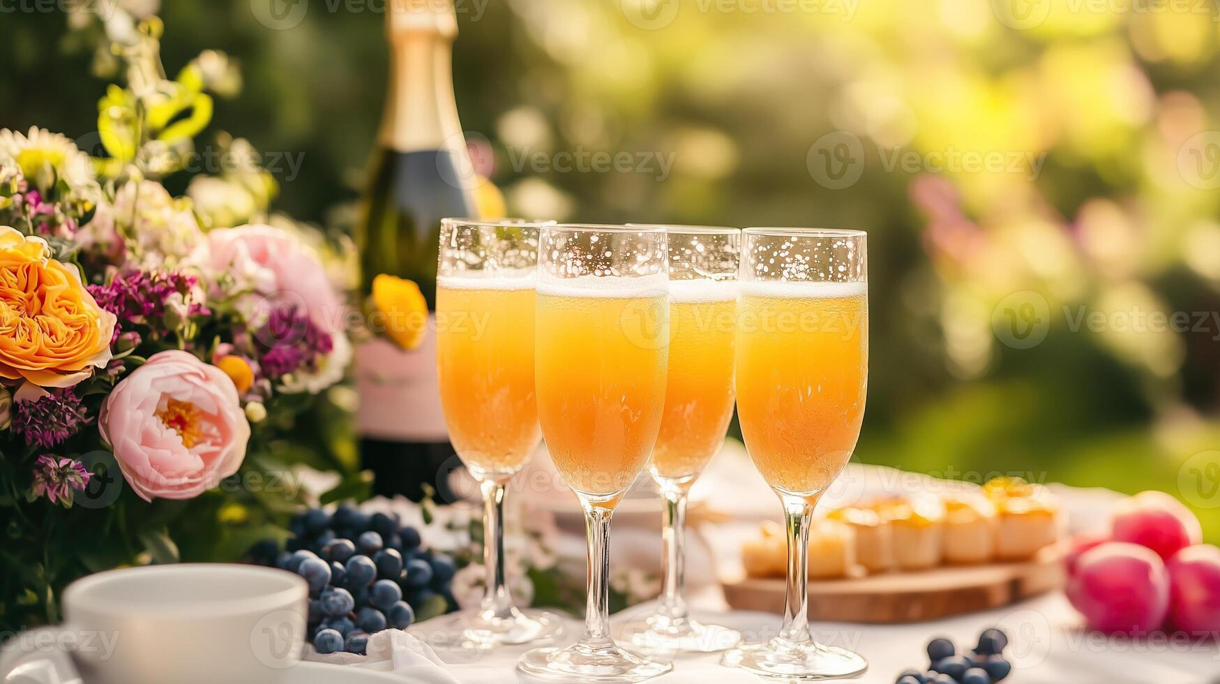 Springtime brunch mimosas table with flowers and decorations. photo