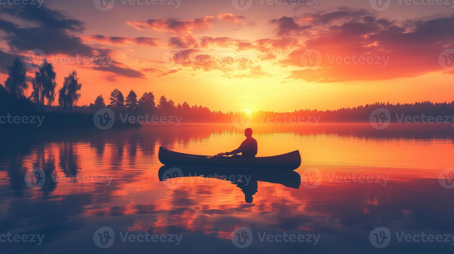 silhouette of a person in a boat at sunset. photo