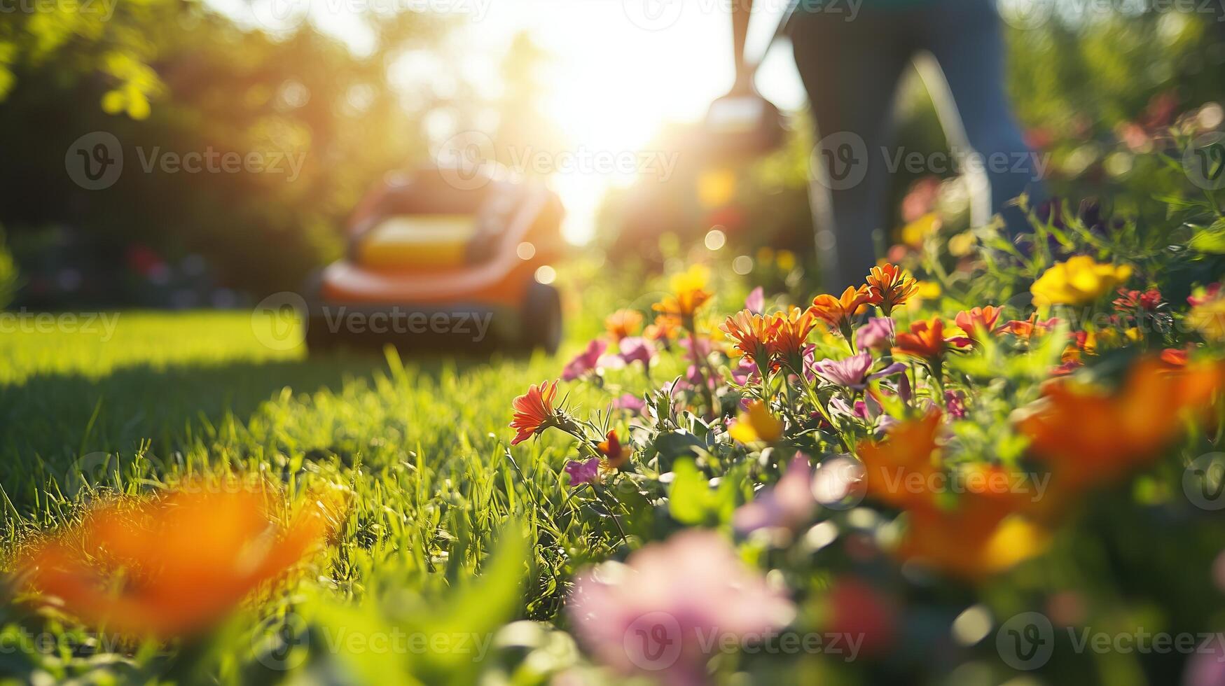 A close-up view of a person mowing the lawn in a garden photo