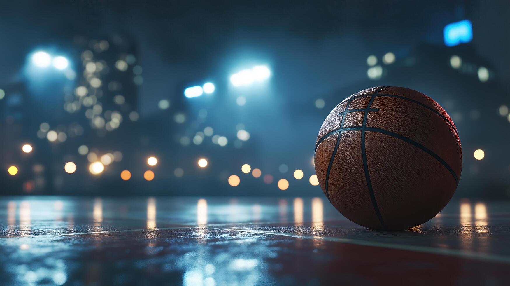 A basketball on an outdoor court with city lights photo