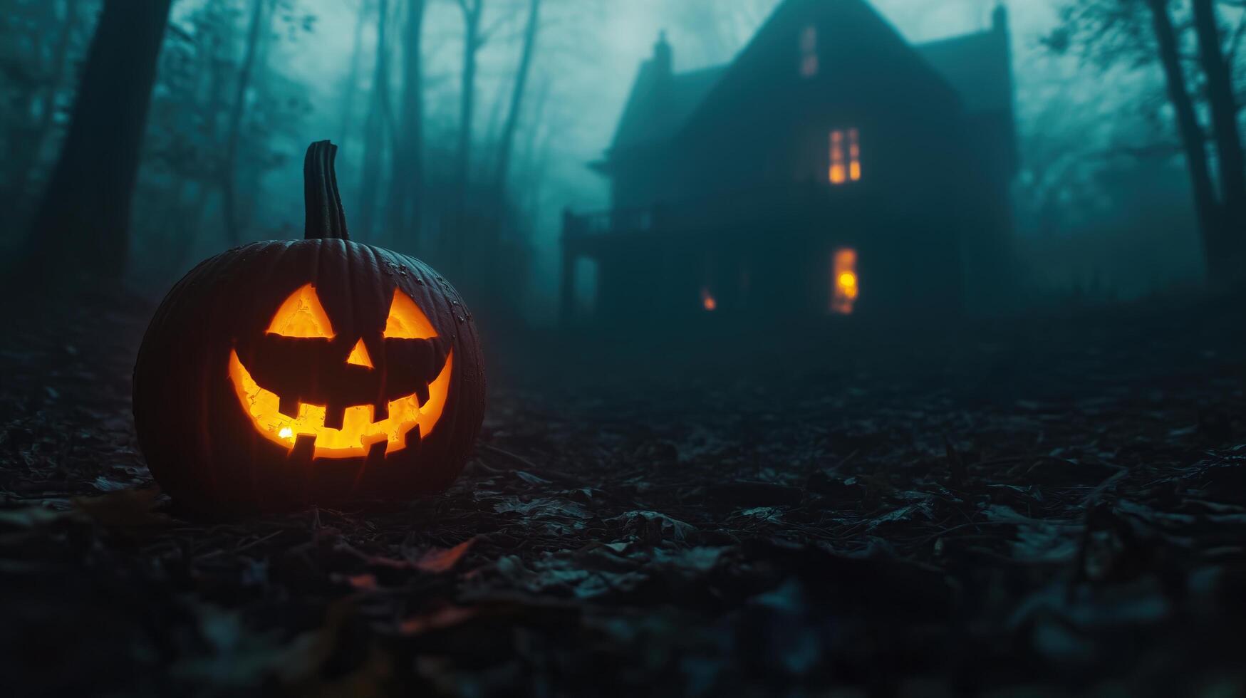A glowing jack-o'-lantern in a dark photo