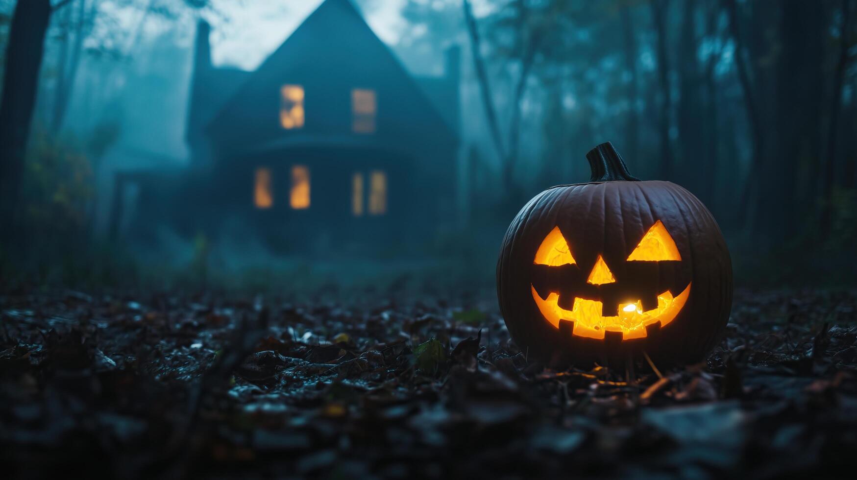 A glowing jack-o'-lantern in a dark photo