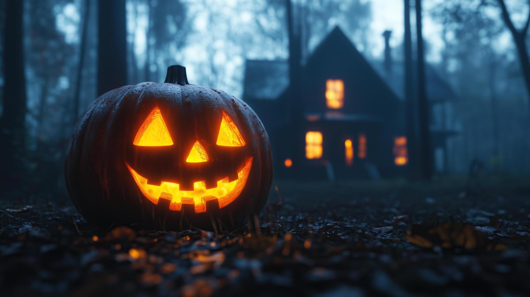 A glowing jack-o'-lantern in a dark photo