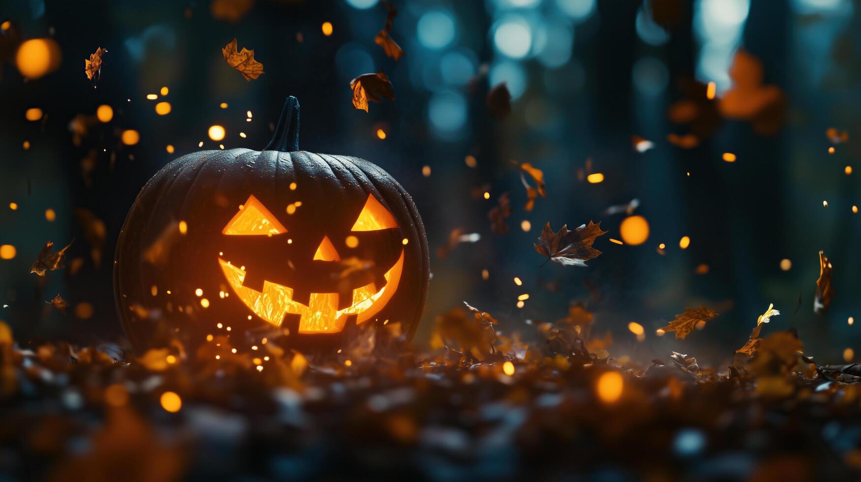 A glowing jack-o'-lantern in a spooky forest photo