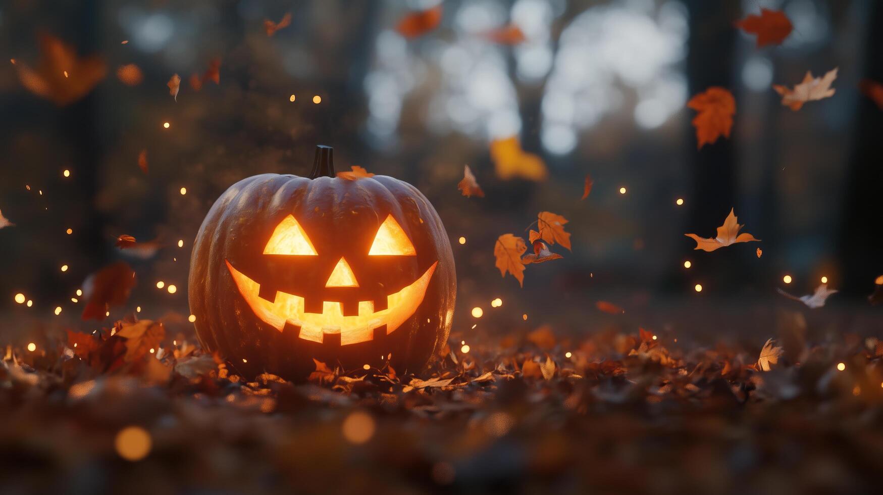 A glowing jack-o'-lantern in a spooky forest photo