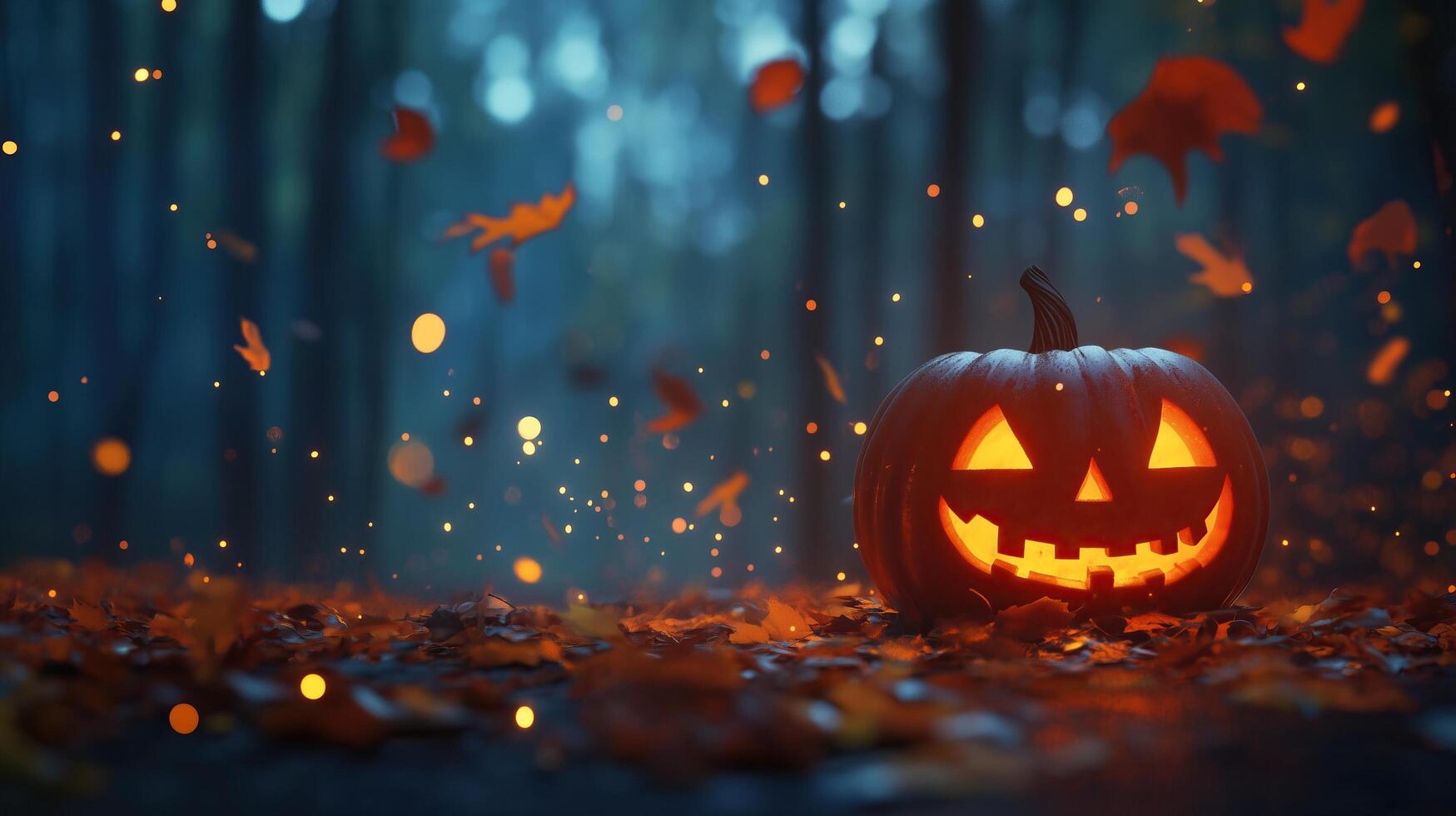 A glowing jack-o'-lantern in a spooky forest photo