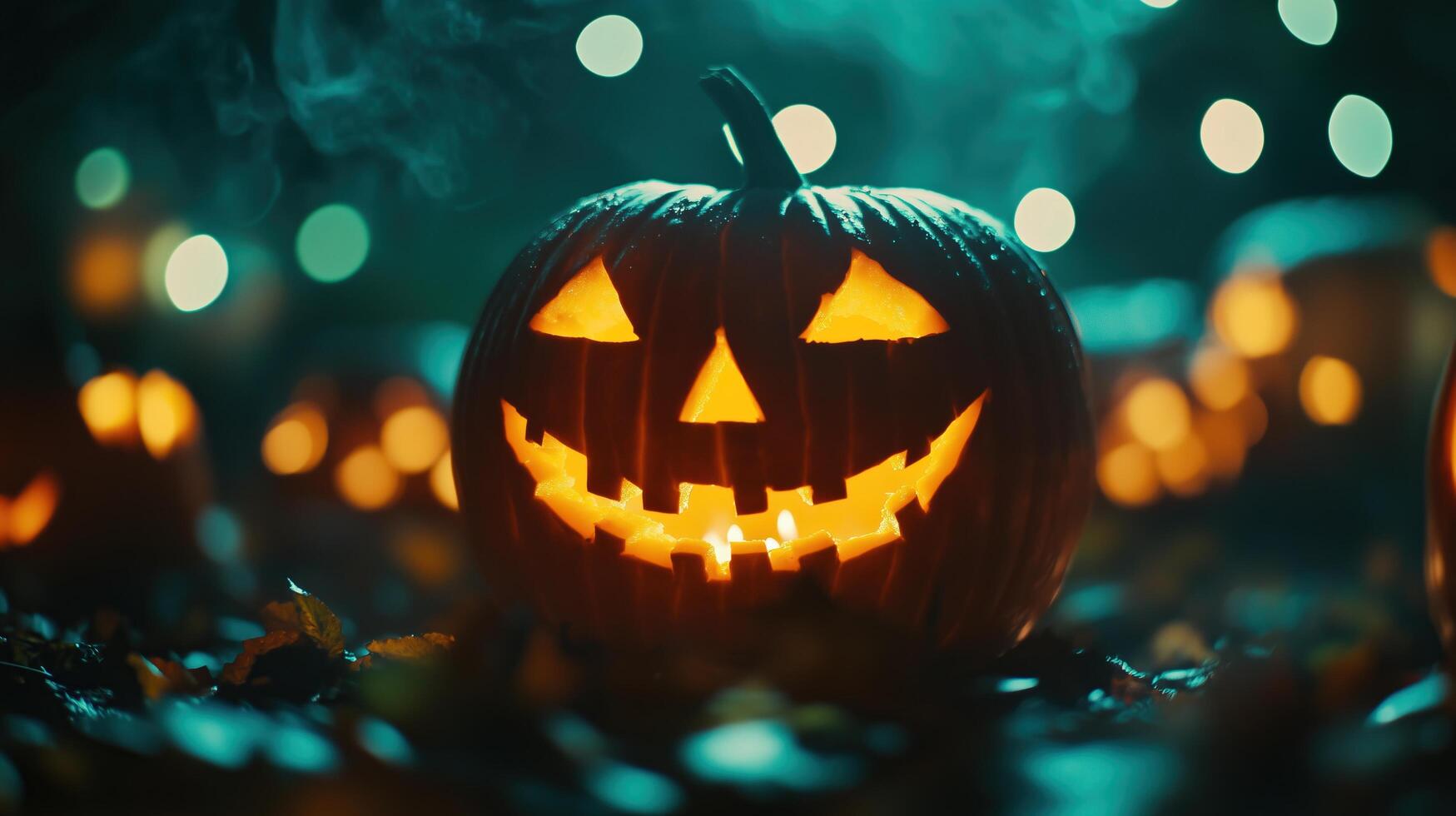 Carved jack-o'-lanterns glowing in the dark photo