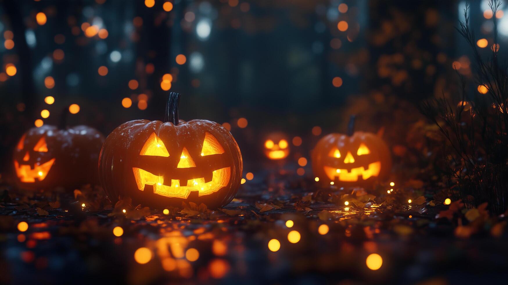 Carved jack-o'-lanterns glowing in the dark photo