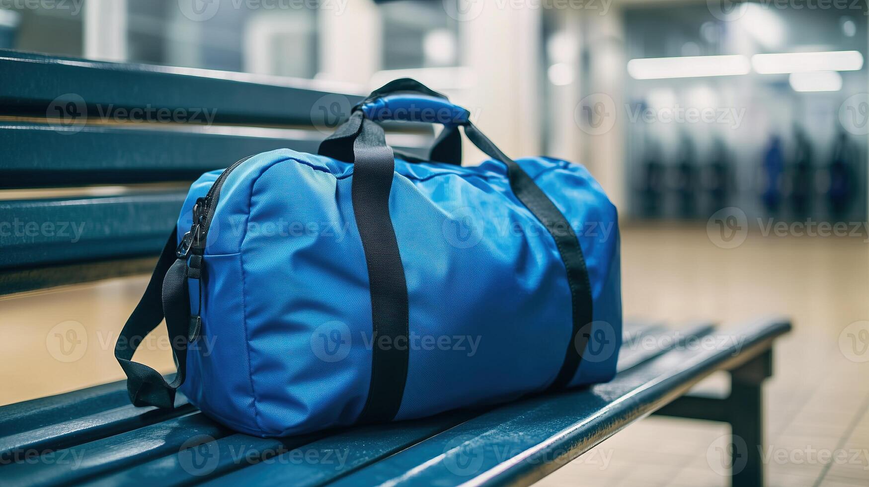 A blue gym bag placed on a bench in a locker room photo