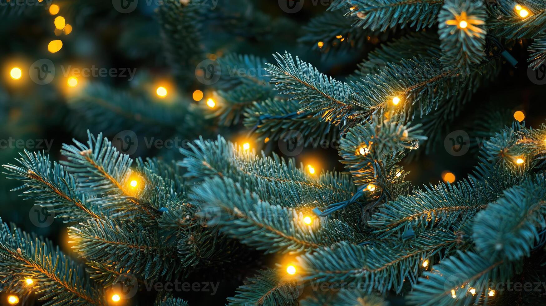 Close-up of pine tree branches adorned with glowing Christmas lights photo
