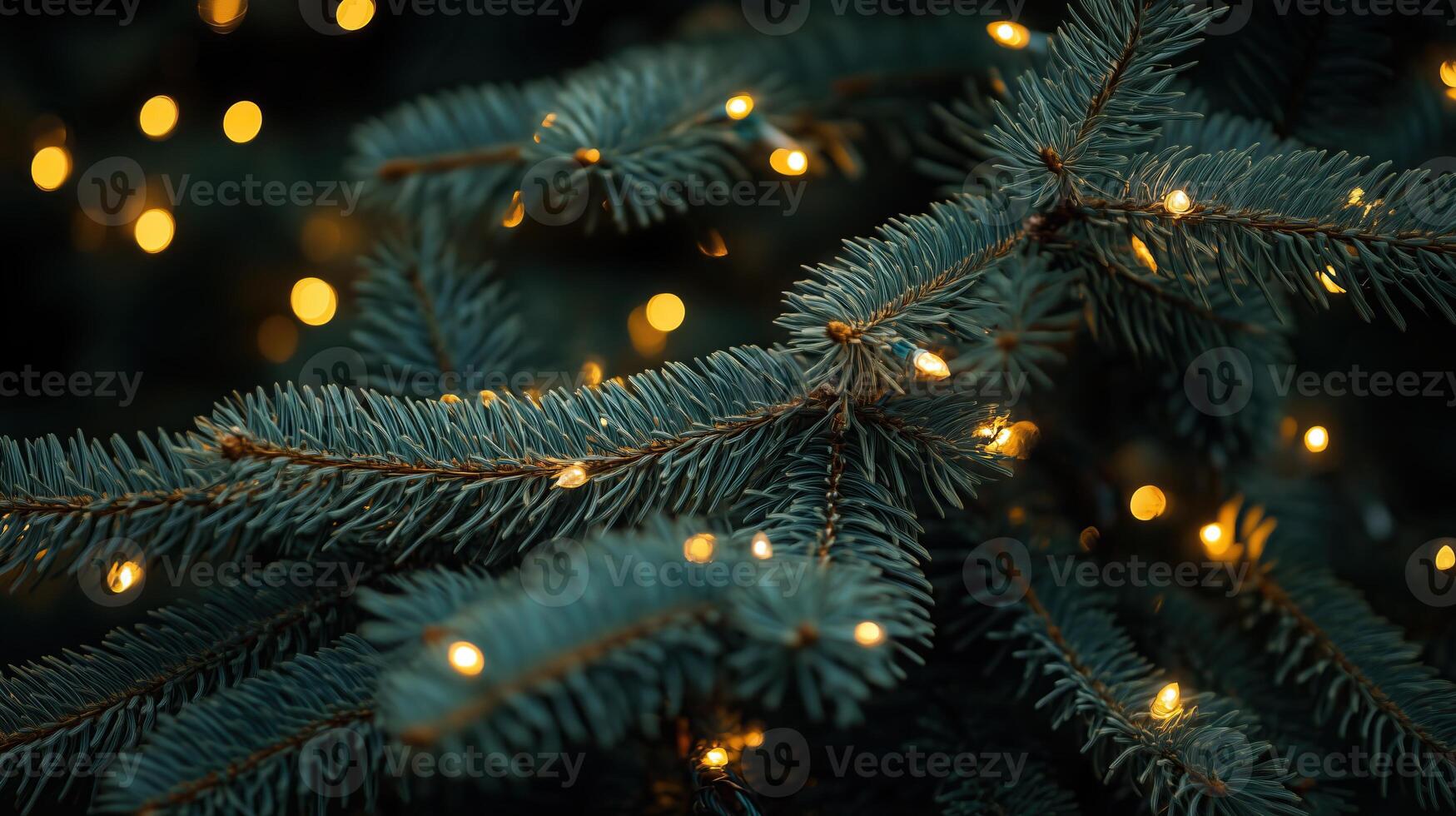 Close-up of pine tree branches adorned with glowing Christmas lights photo