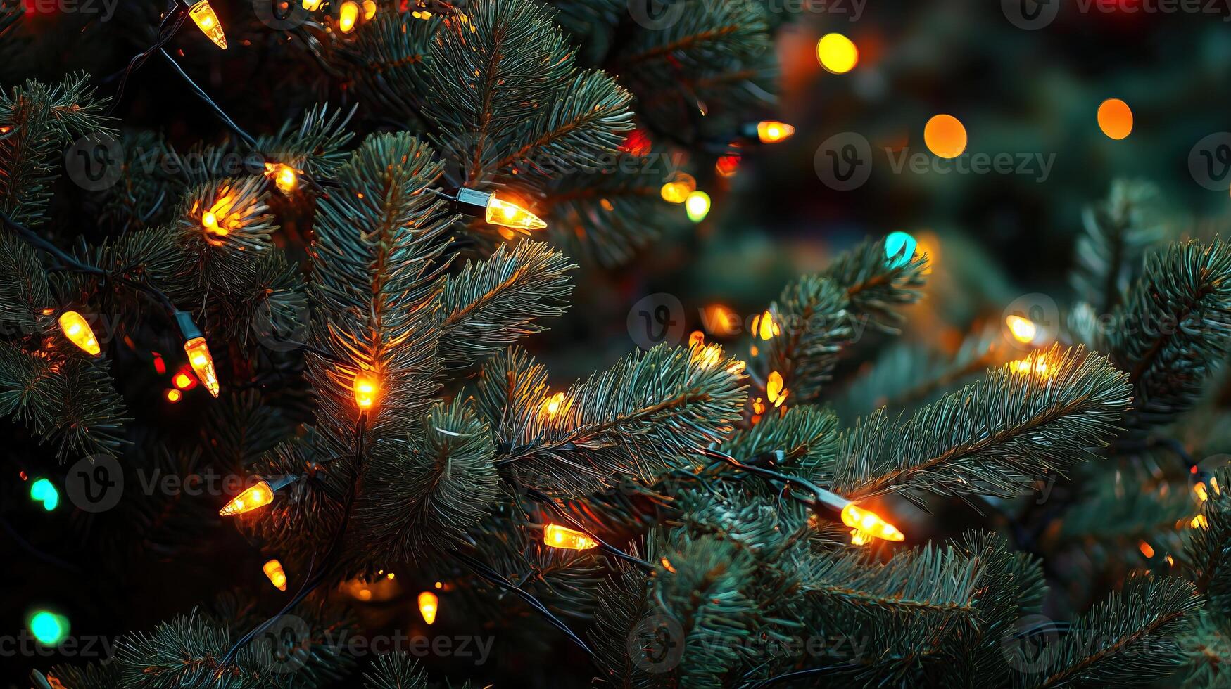 Close-up of pine tree branches adorned with glowing Christmas lights photo
