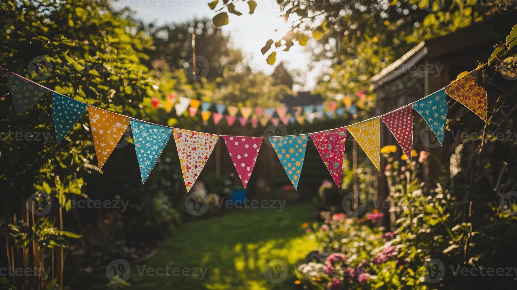 Colorful bunting with star patterns strung in a sunlit garden photo