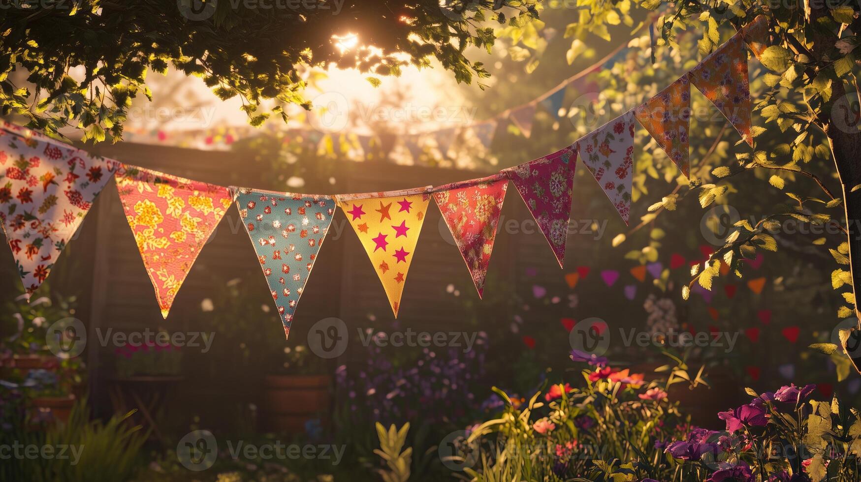 Colorful bunting with star patterns strung in a sunlit garden photo