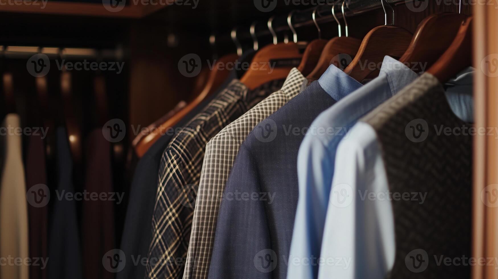 Neatly arranged formal shirts and vests hanging in a wardrobe photo