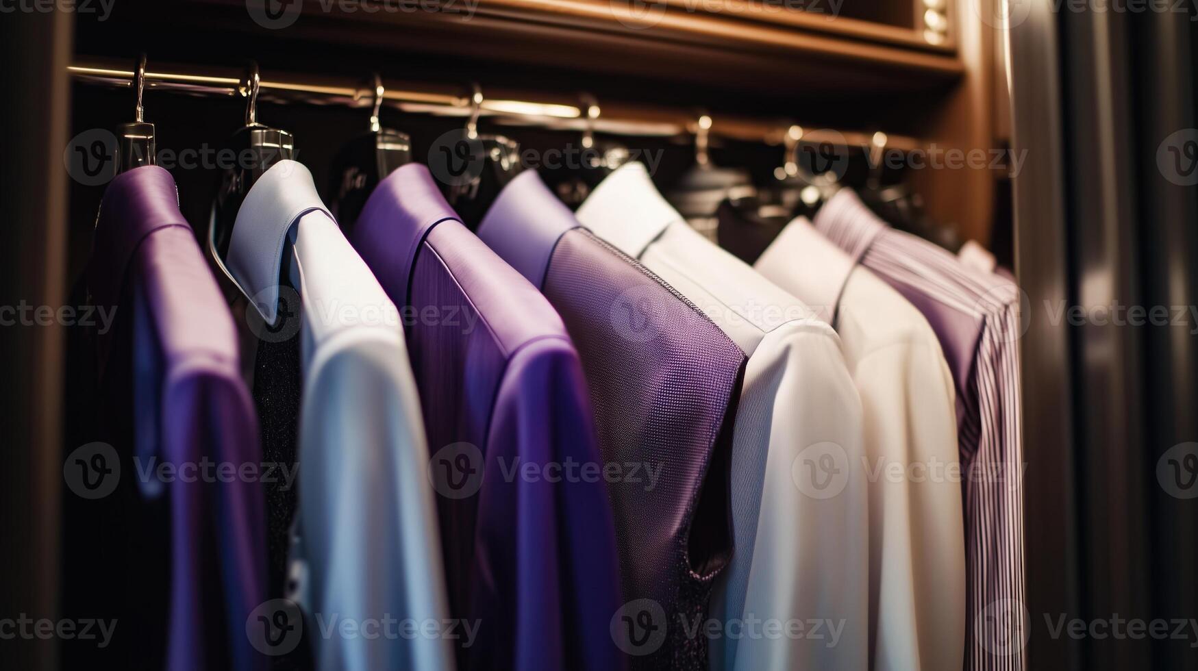 Neatly arranged formal shirts and vests hanging in a wardrobe photo