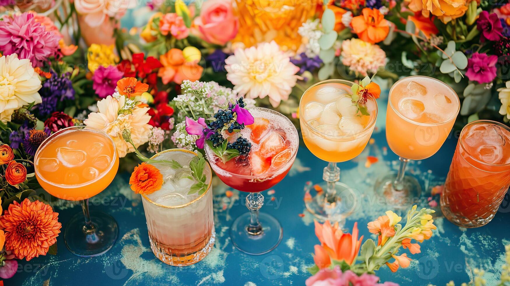 A table topped with glasses filled with different types of drinks photo