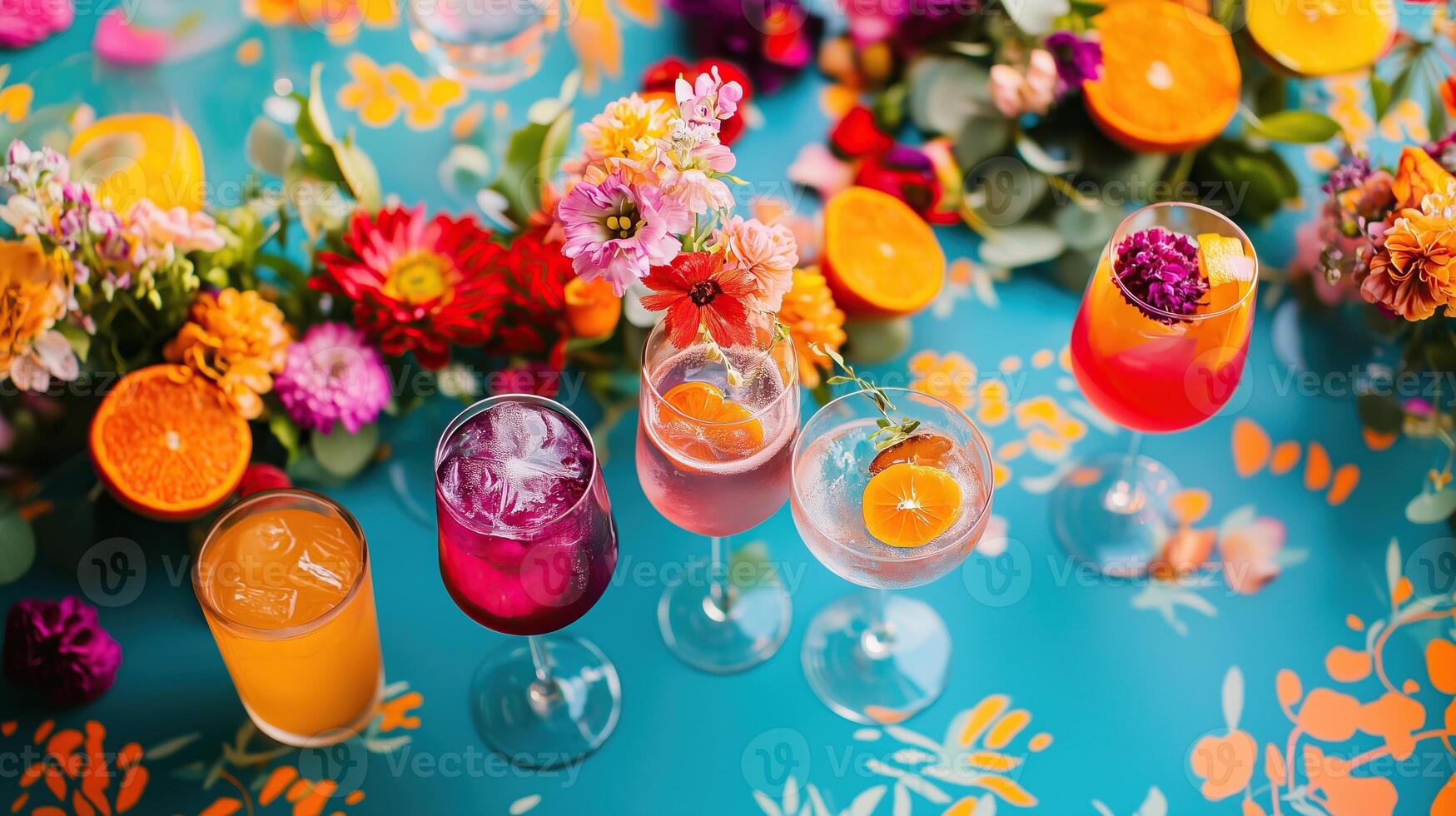 A table topped with glasses filled with different types of drinks photo