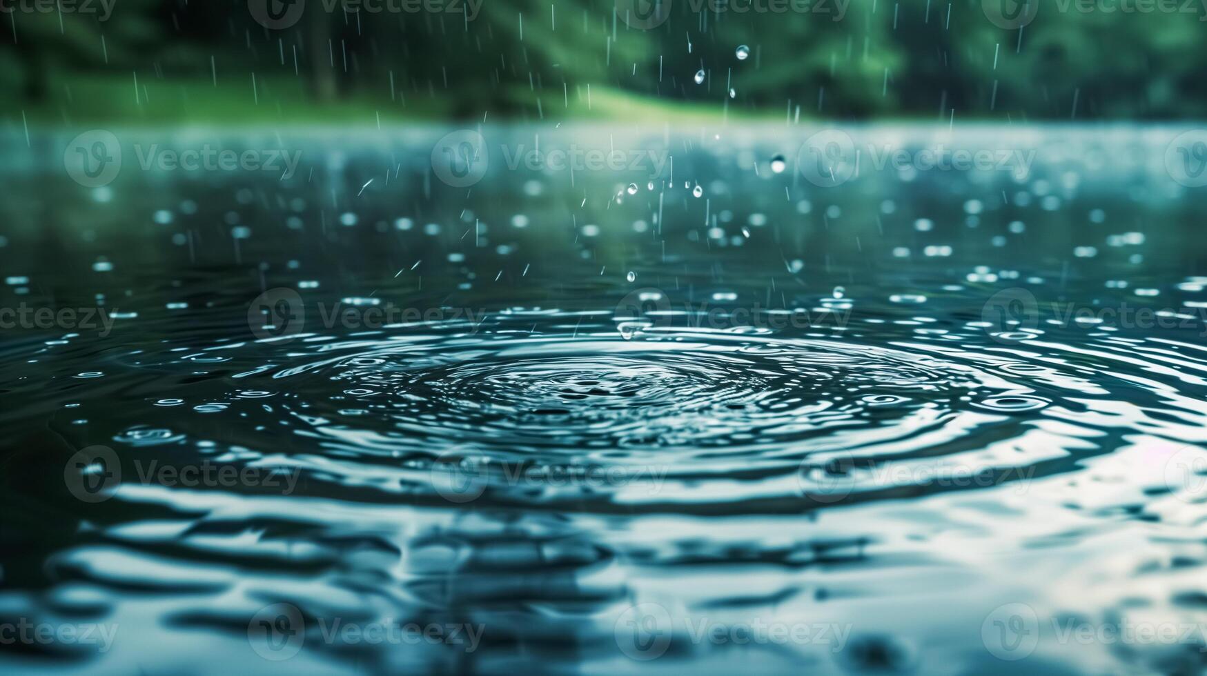 Raindrops creating ripples on lake surface photo