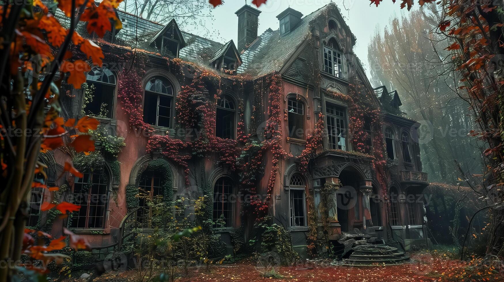 Abandoned mansion with broken windows photo