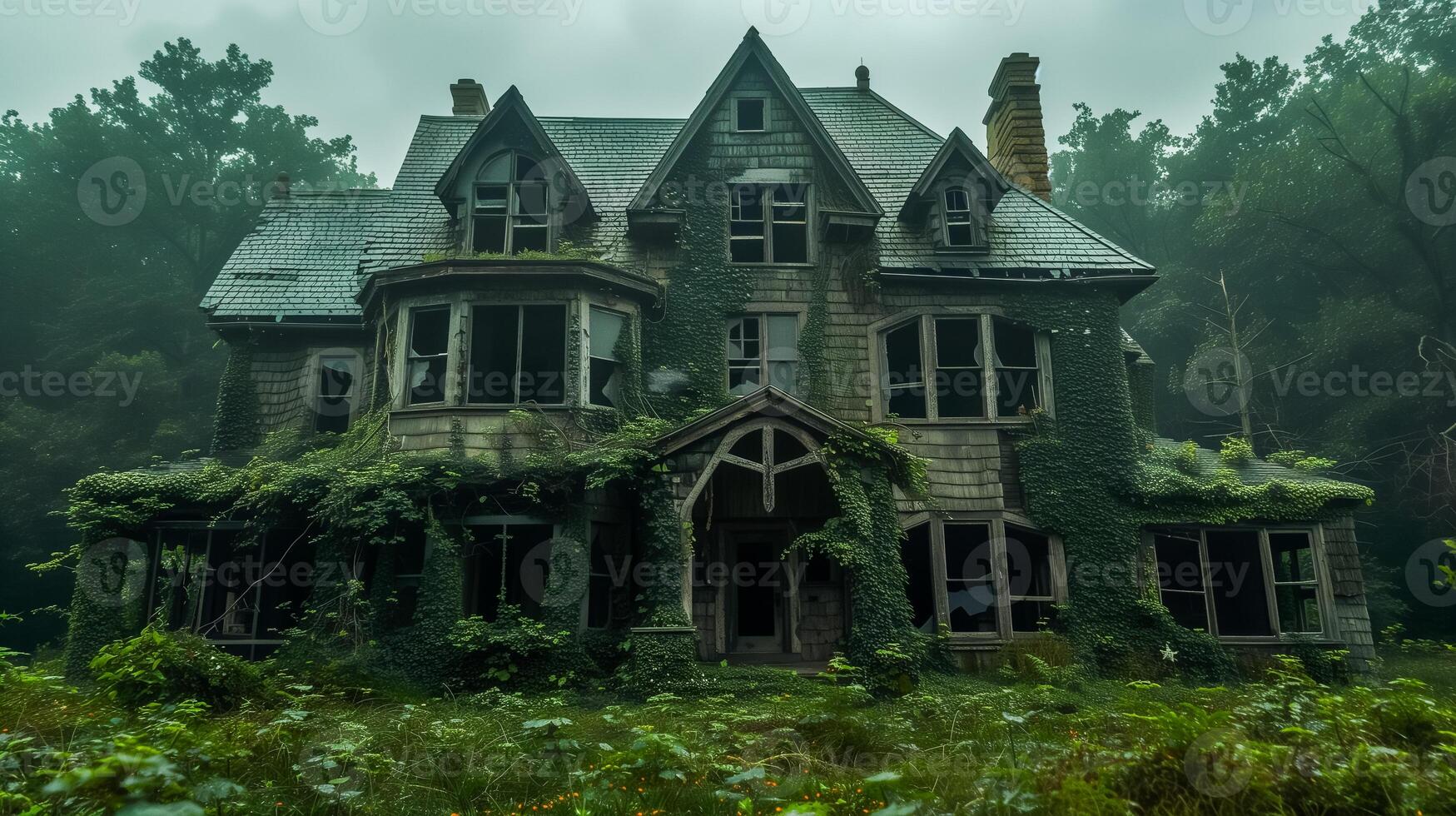 Abandoned mansion with broken windows photo
