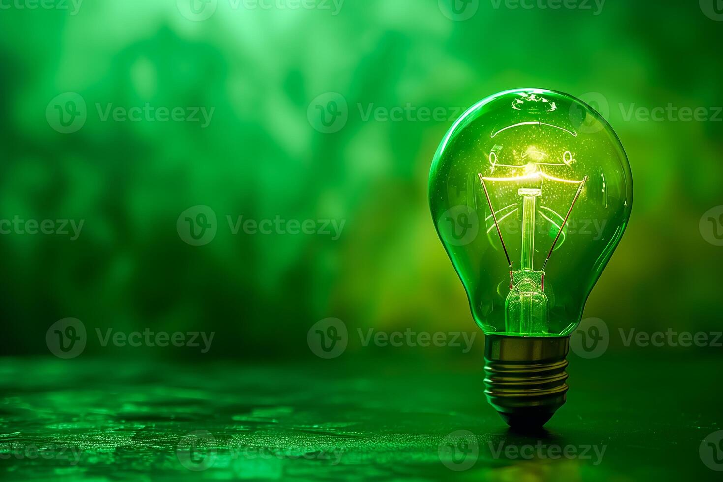 Llight bulb glowing with light on green background, copy space photo