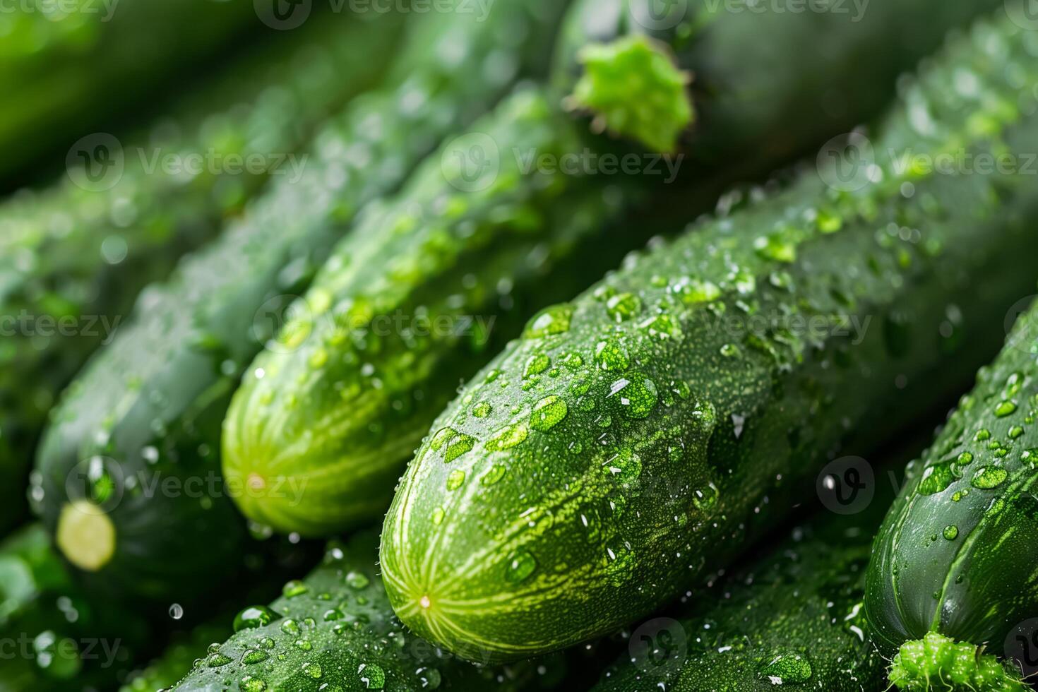 Closeup of fresh green cucumbers with water droplets photo
